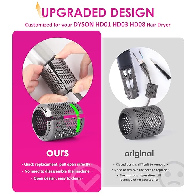 Upgraded Hair Dryer Filter Compatible with Dyson Supersonic HD01 HD03 HD08 Hair Dryer Attachment, Hair Dryer Outer Filter Repair Accessories with Filter Cleaning Brush(Metallic Gray)
