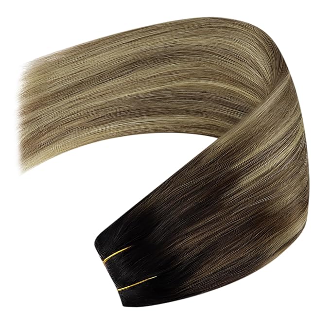 YoungSee 130G Wire Hair Extensions Real Human Hair Brown Balayage Human Hair Wire Extensions Dark Roots to Medium Brown with Blonde Headband Hair Extensions for Women 20In