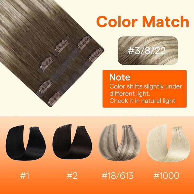 Full Shine Seamless Clip in Hair Extensions Real Human Hair, Darker Brown to Ash Brown Highlight Medium Blonde Clip in Extensions with PU Weft for Women, 4Pcs 16Inch 65 grams