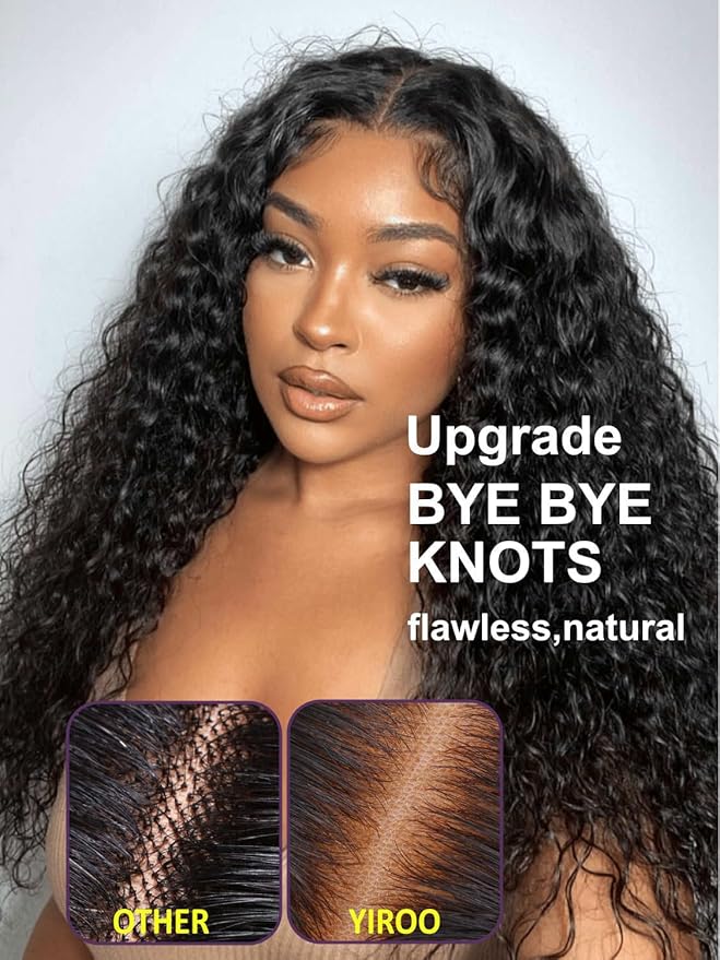 YIROO Bye Bye Knots Glueless Water Wave and Jerry Curly Drawstring Wig Human Hair, 7x5 Pre Cut Lace Front Glueless Wigs Pre Bleached Pre Plucked Wear and Go Wig for Women 150% Density 18Inch