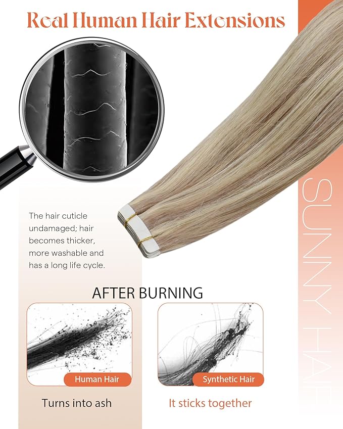 Sunny Hair Blonde Tape in Hair Extensions Human Hair Ash Blonde Highlight Bleach Blonde Hair Extensions Tape in 24 Inch Remy Tape in Txtensions for Women Wedding 20Pcs 50g