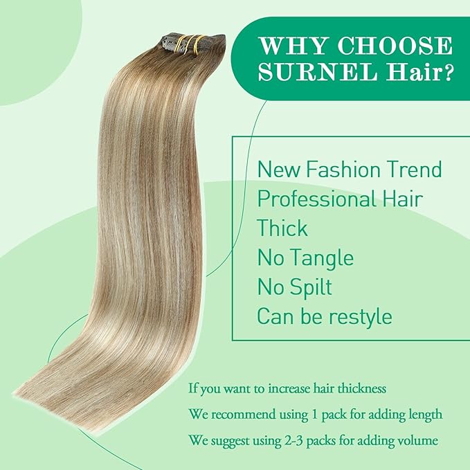 SURNEL Human Hair Clip in Extensions 18 Inch Balayage Walnut Brown to Ash Brown and Golden Blonde 7pcs 160g (7C#3/8/22-18'')