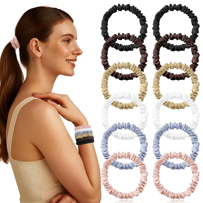 12 Pack Silky Soft Skinny Hair Ties, Silk-Like No Damage Scrunchies Elastic Ponytail Bands for Women Girls, Thin Thick Curly Hair