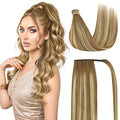 Ve Sunny Hair Extensions Ponytail Real Human Hair Wrap Around Clip in Ponytail Hair Extensions Straight Extensions Human Hair for Women Chestnut Brown Ombre Platinum Blonde Balayage 16inch 80G