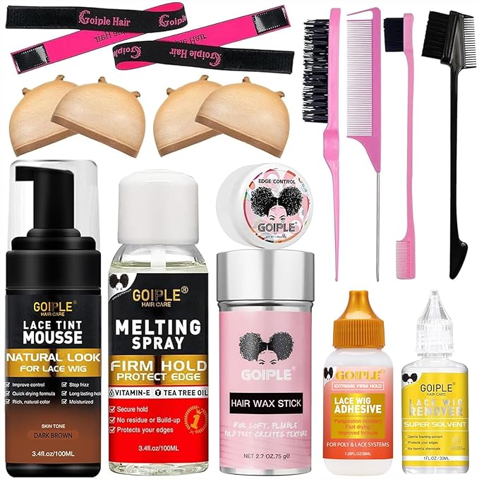 Lace Glue Kit Complete Set with Lace Tint Mousse, Lace Melting Spray Wig Glue for Women's Wigs and Hairpieces - Wig Installation Kit & Tape in Extension Rmover & Cap (Dark Brown)