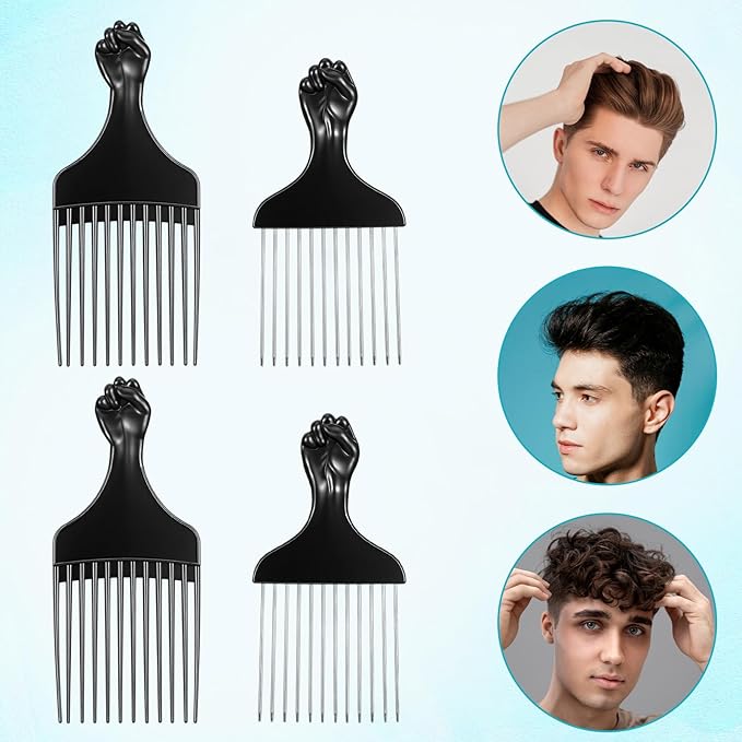 4 Pcs Hair Picks for Curly Hair, Plastic and Metal Hairs Pick for Black Men Wide Tooth Afro Pick Comb Detangling Wig Braid Hairs Styling Tool Hairdressing Styling Tool (Black)