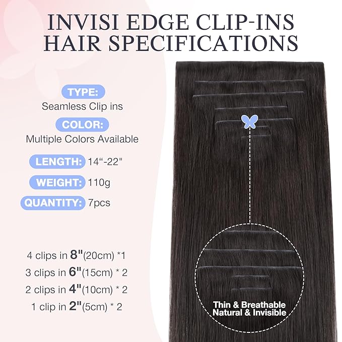 DOORES Clip in Hair Extensions Real Human Hair 18 inch 120g 7pcs Invisible Human Hair Extensions Clip ins, Injected Seamless PU Clipins Virgin Invisi Edge Natural Straight, 2A Light Dark Brown
