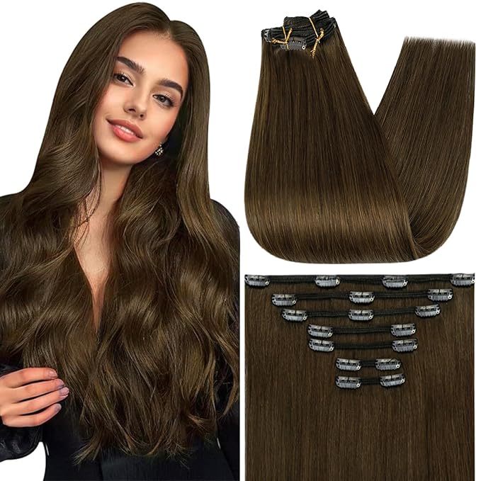 Full Shine Hair Extensions Real Human Hair Clip ins Medium Brown Real Hair Extensions Clip in Human Hair Triple Weft Invisible Clip in Extensions Straight Remy Hair 7 Pcs 120 G 24 Inch