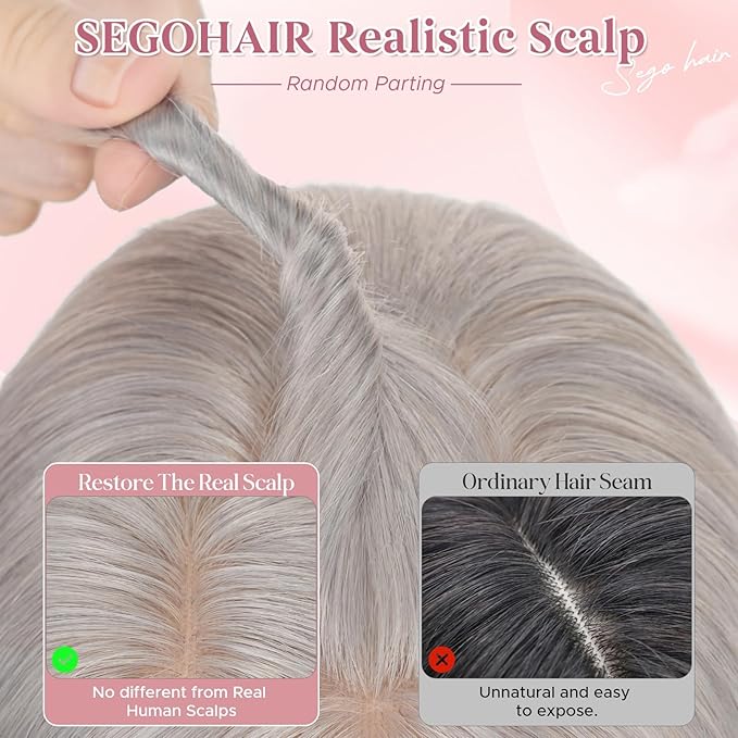 Real Human Hair Toppers for Women 3.54"*4.72" Silky Base 150% Density With Bangs Adjustable Parting Clip-In Topper Hairpieces for Women with Thinning Hair 14 Inches Silver Grey