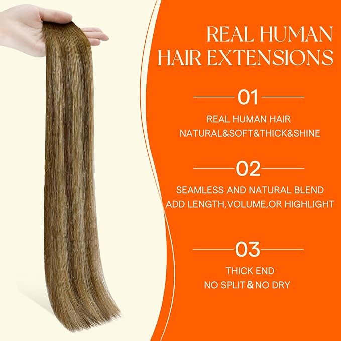 Full Shine Injection Tape in Extensions Human Hair Color 4/24/4 Brown Fading to Blonde and Brown 18 Inch Invisible Skin Weft Double Sided Tape in Hair Extensions Soft Natural for Party 20 Pcs 50G