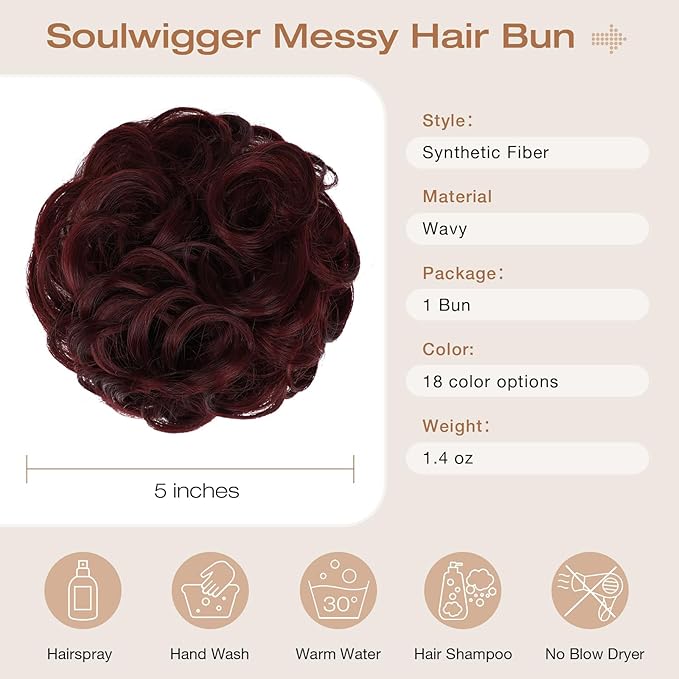 Messy Bun Hair Piece Wavy Curly Scrunchies Fluffy Donut Thick Updo Elegant Chignon Hairpieces for Women Girls, Grape Red 1.4oz