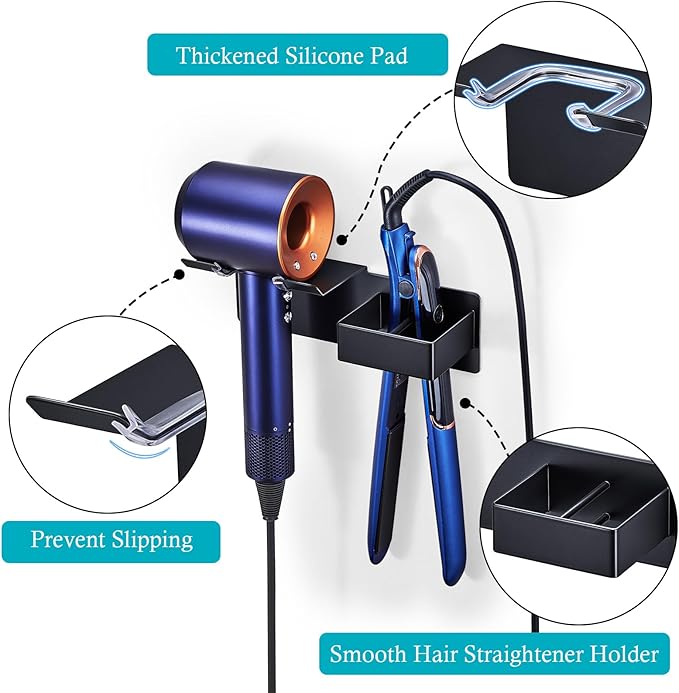 Hair Dryer Holder, Hair Straightener Holder Wall Mount, Hair Tool Organizer, Hairdryer and Straightener Holders, Adhesive Hair Tool Storage for Blow Dryer, Curling Iron, Flat Iron Stand (Black)