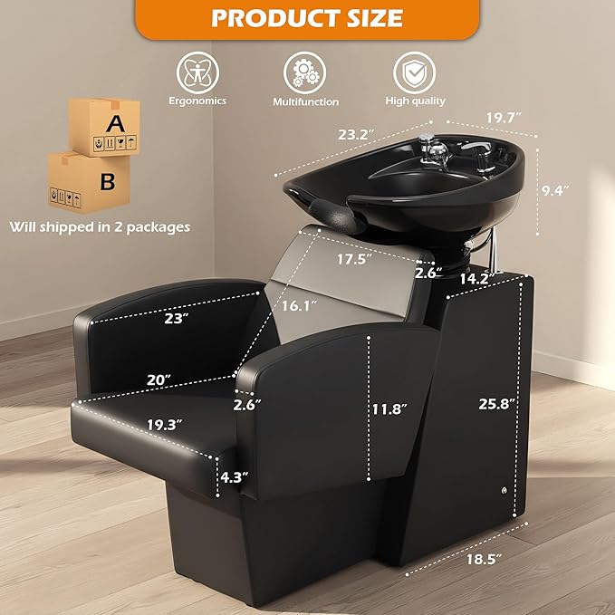 Salon Shampoo Bowl and Chair Set, Shampoo Barber Backwash Chair, Adjustable Splash-Proof Ceramic Bowl Hair Washing Station for Spa Beauty Salon