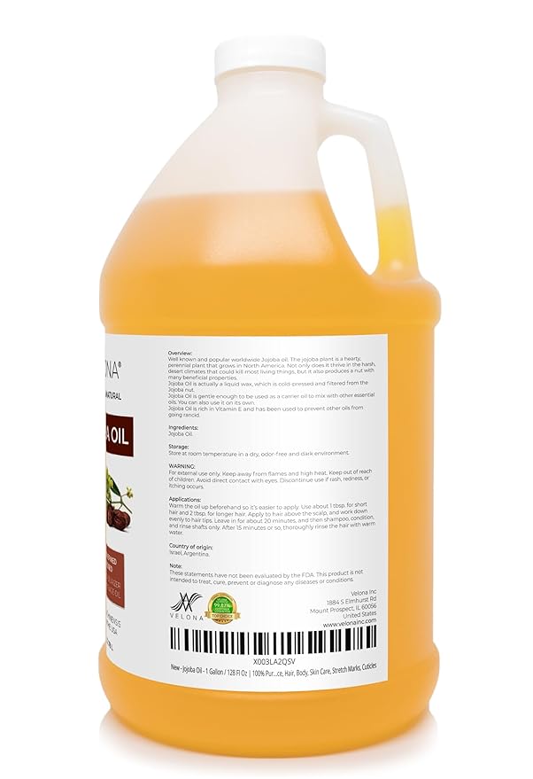 velona Jojoba Oil - 1 Gallon / 128 Fl Oz | 100% Pure and Natural | Golden, Unrefined, Cold Pressed, Hexane Free | Moisturizing Face, Hair, Body, Skin Care, Stretch Marks, Cuticles