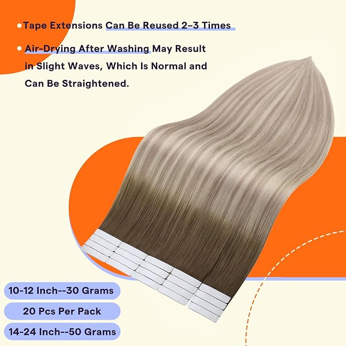 Full Shine Tape in Hair Extensions Color 8/60/18 Brown and Blonde Balayage Natural Double Sided Remy Tape Ins Human Hair Extensions 22 Inch Invisible Seamless Straight Hair 20PCS 50grams for Women