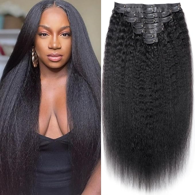 Seamless Clip In Hair Extensions Real Human Hair Invisible PU Weft Kinky Straight Clip Ins Human Hair Extensions 8pcs with 18Clips Per Set 120g(26inch,Natural Black)