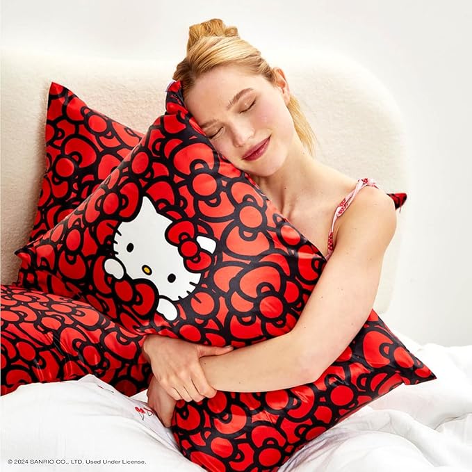 Kitsch x Hello Kitty Pillow Case – Sea of Bows Toddler Bed Time Satin Pillowcase with Zipper – Soft Cooling Pillow Cover for Hair & Skin – Better Than Silk Pillowcase – Queen/Standard 19x26