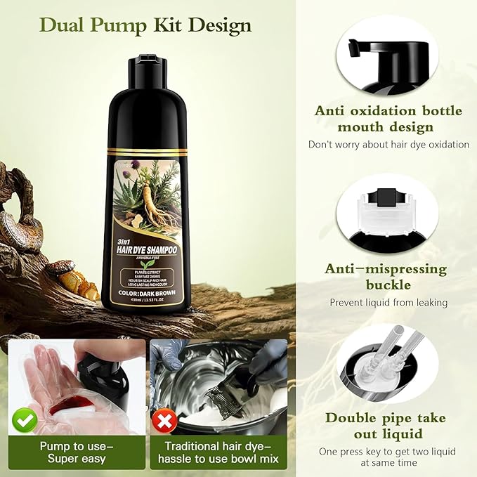 Dark Brown Hair Dye Shampoo,Gray Hair Cover up Herbal Semi-Permanent Hair Color Shampoo for Women Men