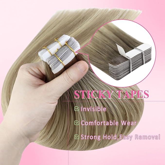 YoungSee Balayage Tape in Hair Extensions Human Hair Ash Blonde with Platinum Blonde Ombre Tape in Extension Ombre Hair Extensions Real Human Hair Tape in for Women Invisible 16In 50g 20pcs