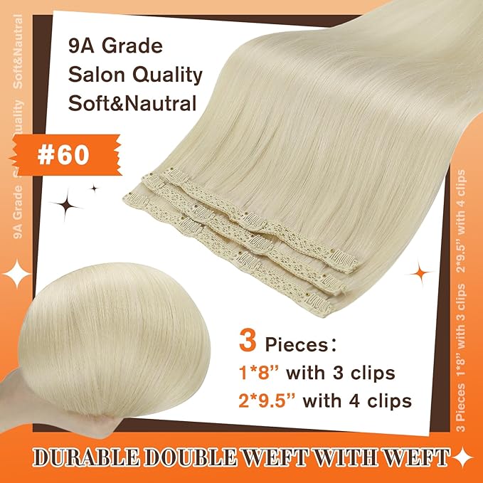 Full Shine Blonde Seamless Human Hair Clip in Extensions Short Human Hair Clip in Extensions Platinum Blonde Hair Functionality 10 Inch 60 Grams 3 PCS