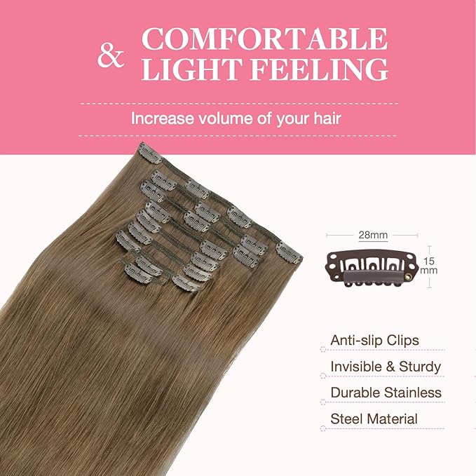 GOO GOO Clip in Hair Extensions Real Human Hair, Remy Human Hair Extensions Clip ins for Women, Natural Human Hair, 18inch 150g 9Pcs, 5 Light Ash Brown