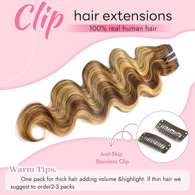 Clip in Hair Extensions Real Human Hair Body Wave #4/27 Chocolate Brown to Honey Blonde 100% Brazilian Remy Human Hair Extensions 8pcs Per Set with 18 Clips Double Weft 22 Inch 110g/3.6oz