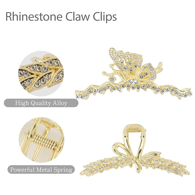 2PCS Gold Butterfly Rhinestone Claw Clips, Bling Butterfly Hair Clips for Women, Large Metal Hair Clips for Thick Hair & Styling