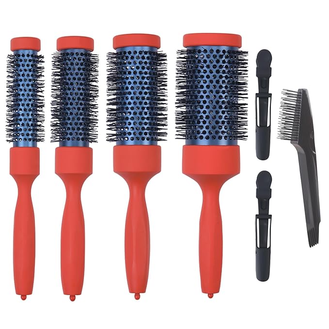 Round Brush Set for Blow Drying & Curling - Ceramic Ion Thermal Barrel Brushes 4 Sizes - Leaves Hair Shiny, Wooden Handle, Heat Styling blowout Brush Work with Blow Dryer for Women & Men (Orange)
