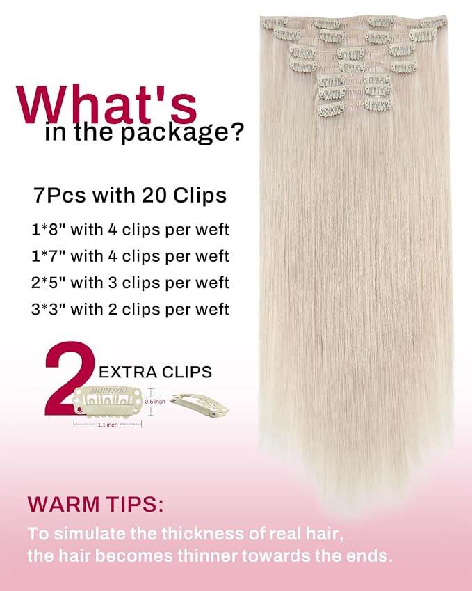 Moresoo White Blonde Clip in Hair Extensions Blonde Clip in Extensions Real Human Hair White Blonde Long Remy Human Hair 150g/7pcs 22 inch