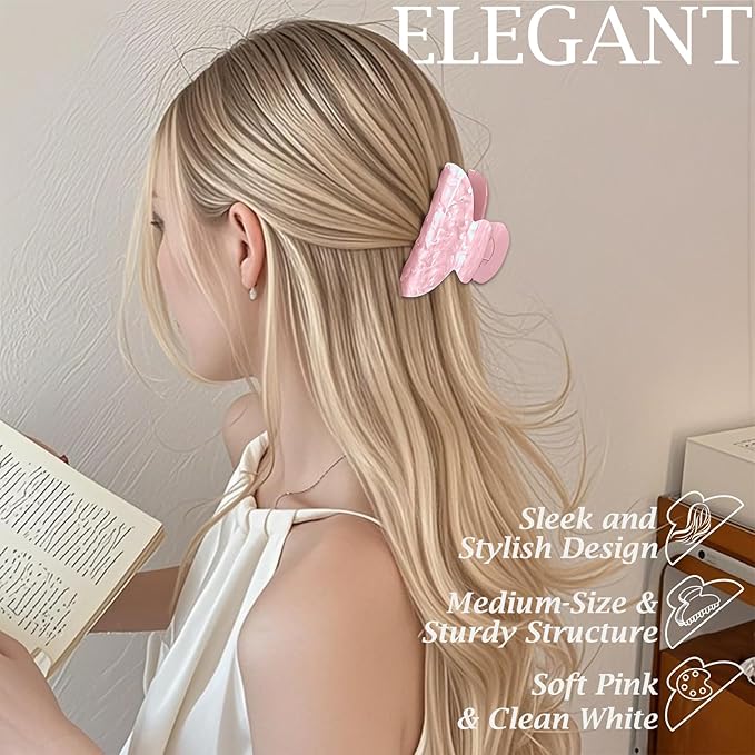2 PCS Chic Resin Hair Claw Clips, Medium Sector Hair Barrettes for Thin Hair Half-Styles, Fashionable Non-Slip Hair Jaw Clamps, Pink and White