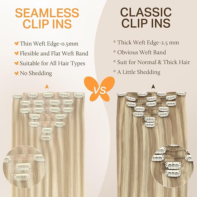DOORES Clip in Hair Extensions Seamless, Dark Blonde Highlighted Bleach Blonde 20 Inch 150g 7pcs, Long Straight Human Hair Clip in Extensions
