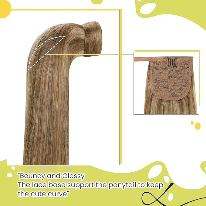 RUNATURE Ponytail Extension Human Hair, Real Hair Ponytail Extension for Women, Magic Paste Straight Human Hair Ponytail, 18 Inch 80g #10P16 Dark Blonde Highlight Caramel Blonde
