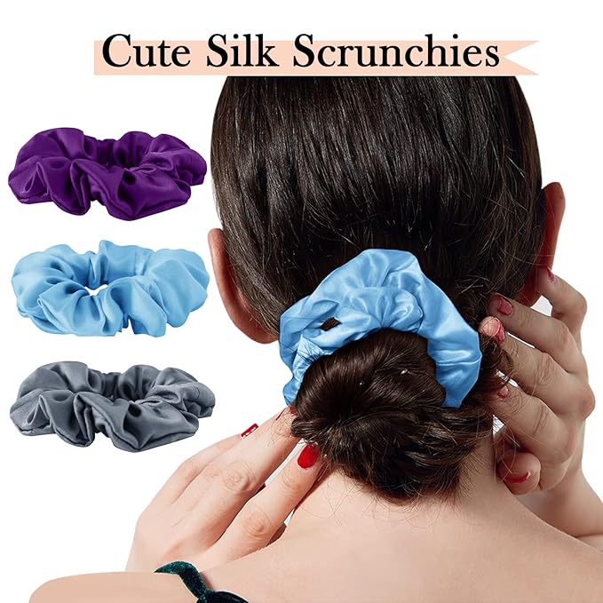 Large Silk Hair Scrunchies, 100% Mulberry Silk, No Damage for Frizz Prevention, Sleep and Night Scrunchie, Hair Accessories for Women - 3 Count (Violet, Metallic Gray, Light Blue)