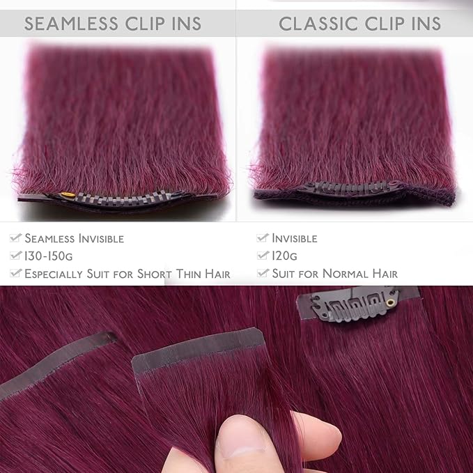 WENNALIFE Seamless Clip In Hair Extensions Human Hair, 20 Inch 150g 7pcs Light Burgundy Real Hair Extensions Clip in Human Hair Invisible PU Skin Weft Natural Remy Human Hair Extensions