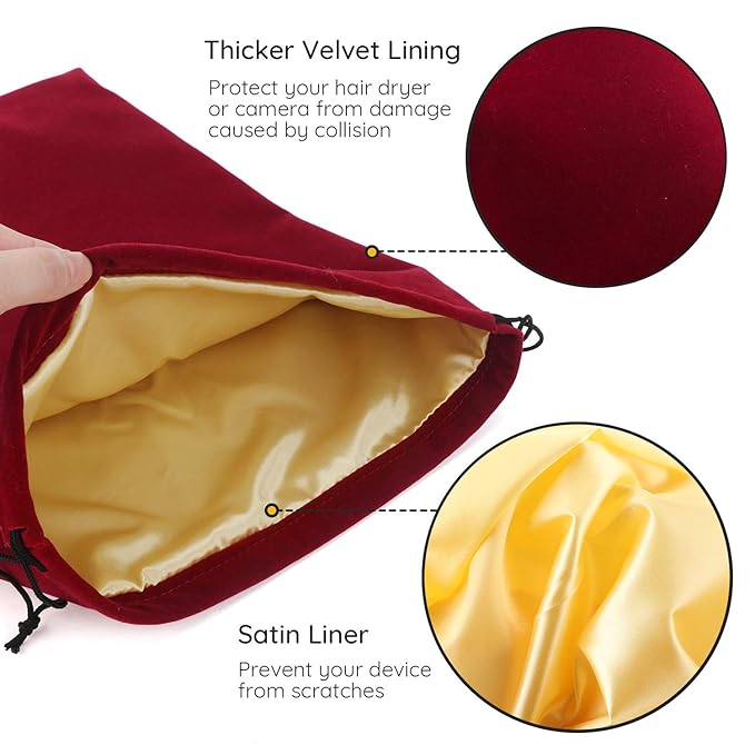 Segbeauty 2pack Hair Dryer Storage Bag, 15.7x11.8 Large Satin Lined Storage Bags, 40x30cm Velvet Drawstring Bags, Velvet Jewelry Pouches Blow Dryer Bag with Drawstring for Hair Tools Hotel Red