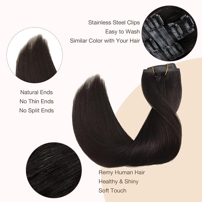GOO GOO Clip in Hair Extensions Real Human Hair, Remy Human Hair Extensions Clip ins for Women, Natural Human Hair, 16inch 110g 7Pcs, 2 Dark Brown