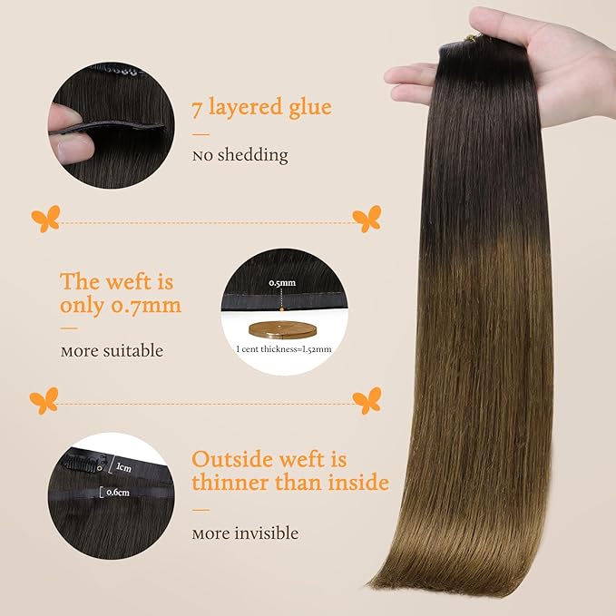 DOORES Seamless Clip in Hair Extensions, Chocolate Dip Color Melt 7pcs 160g 24 Inch, Remy Straight Thick Hair, Invisible Edge