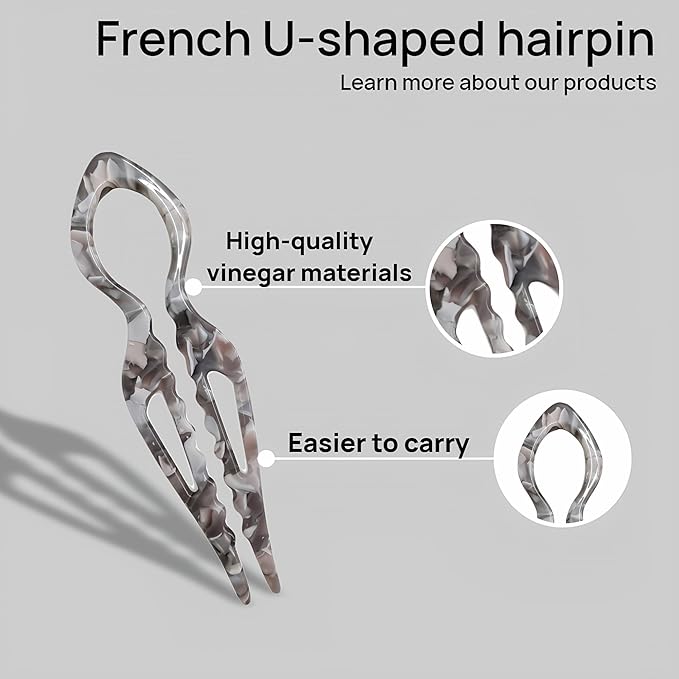 Prestige Hair Pins,French U-Shaped Hair pin 3Pack Elegant Women Hair Accessories Suitable for Thick or Thin Hair (Light gray, Reddish brown, Dark yellow)