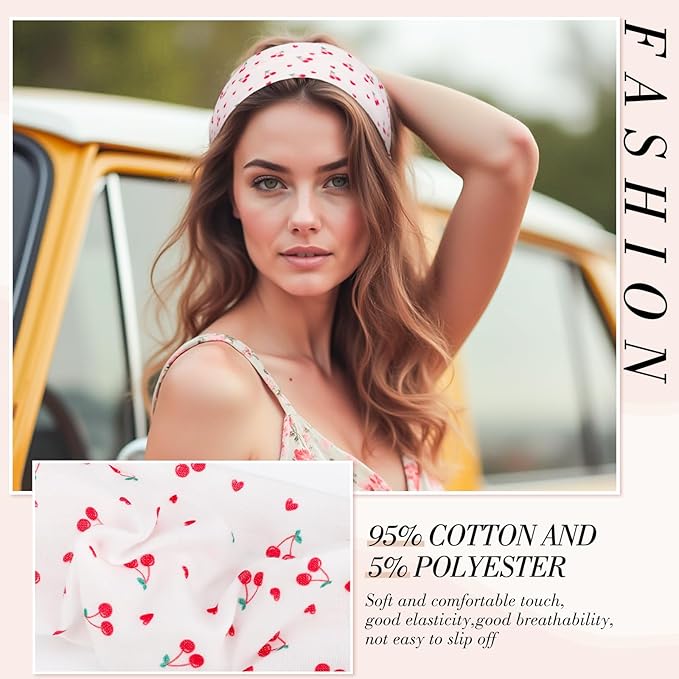 obeoby Floral Headbands for Women, Stripe Cherry Hairbands Non Slip Cotton Fashion Hair Bands for Teen Girls Valentines Gifts