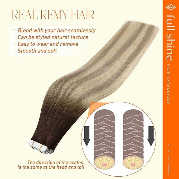 Full Shine Balayage Tape in Hair Extensions Human Hair 18Inch Balayage Tape in Real Hair Extensions Color 2 Fading to 18 And 60 Blonde Remy Hair Ombre Skin Weft Tape in Human Hair Extensions 50G 20Pcs