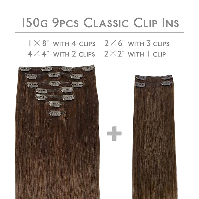 WENNALIFE Clip in Hair Extensions, 150g 16 Inch 9pcs Chocolate Brown Human Hair Extensions Thicker Clip in Hair Extensions Real Human Hair Clip Set Double Weft