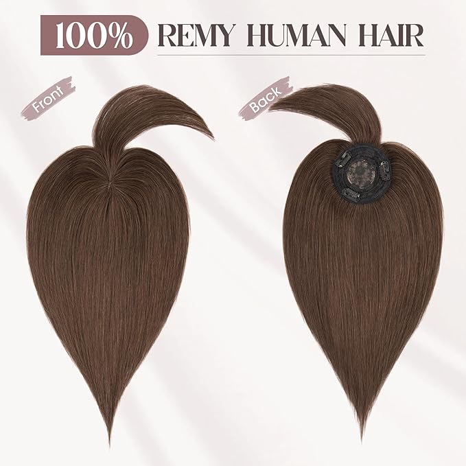 MY-LADY Human Hair Toppers for Women Real Human Hair with Bangs Thin 8.5 * 8.5CM Mono Base Clip in Remy Hairpieces Light Weight 12 Inch Chocolate Brown