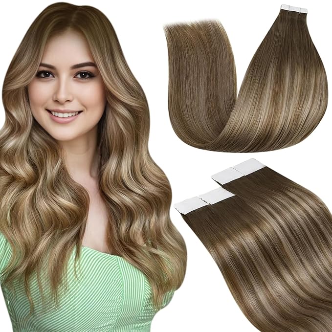 LaaVoo Balayage Tape in Hair Extensions Human Hair Tape in Extensions Seamless Skin Weft Tape in Hair Extensions Darkest Brown to Medium Brown Mix Golden Blonde Straight 20pcs 50g 22inch