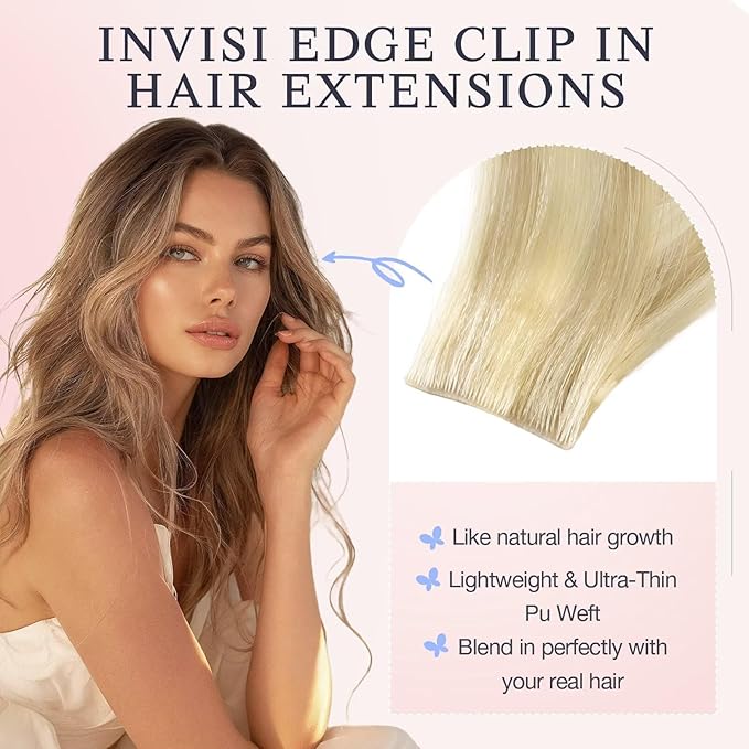 DOORES Clip in Hair Extensions Real Human Hair 20 inch 110g 7pcs Invisible Human Hair Extensions Clip ins, Injected Seamless PU Clipins Invisi Edge, P18D/22F Drity Blonde Highlight Golden Blonde