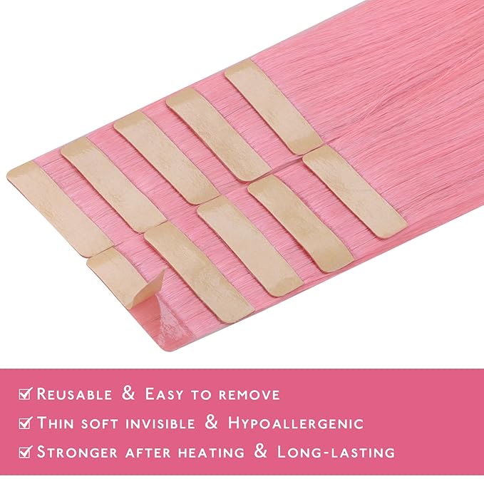 WENNALIFE Tape in Hair Extensions Human Hair Peach Pink Tape in Extensions, 10pcs 30g 24 inch Remy Invisible Tape Ins Straight Colored Soft Real Human Hair Tape in Extensions Refill Set Extensions