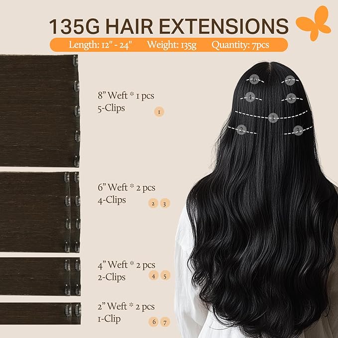 DOORES Hair Extensions Clip in Human Hair, Dark Brown 7pcs 135g 18 Inch, Remy Straight Clip ins Extensions for Women Natural Thick