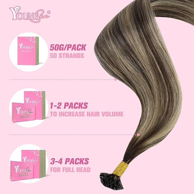 YoungSee K Tip Hair Extensions Human Hair Dark Brown Ombre Ash Blonde K Tip Hair Extensions Human Hair Ombre 22In 1G/S 50G