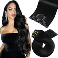 Moresoo Jet Black Real Human Hair Extensions Clip ins 26inch Double Weft Human Hair Clip in Extensions to Add length Jet Black Hair Extensions Clip ins Straight for Party 26inch 160g 7pcs