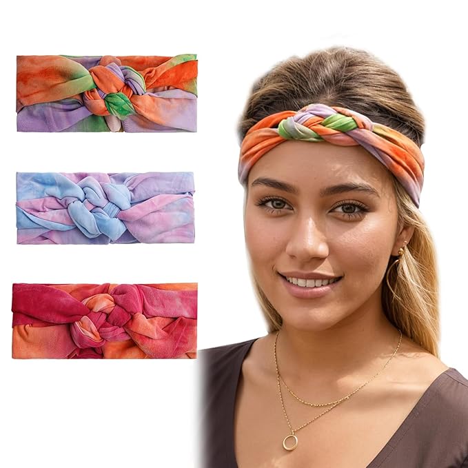 Vercret Headbands for Women Tie Dye Sailor Knot Headband Wide Elastic Adjustable Braided Hair Bands Non Slip Boho Stretchy Turban Headwrap Yoga Workout,3 PCS