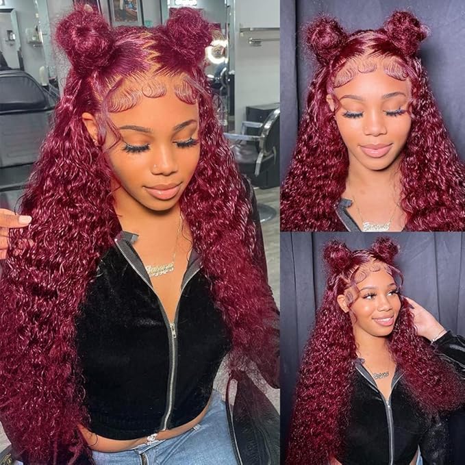 30 Inch Burgundy Wig Human Hair Deep Wave, Hidden Strap 360 Lace Front Wigs Human Hair Pre Plucked Pre Cut Glueless Drawstring, 99J Burgundy Curly Human Hair Wig for Women